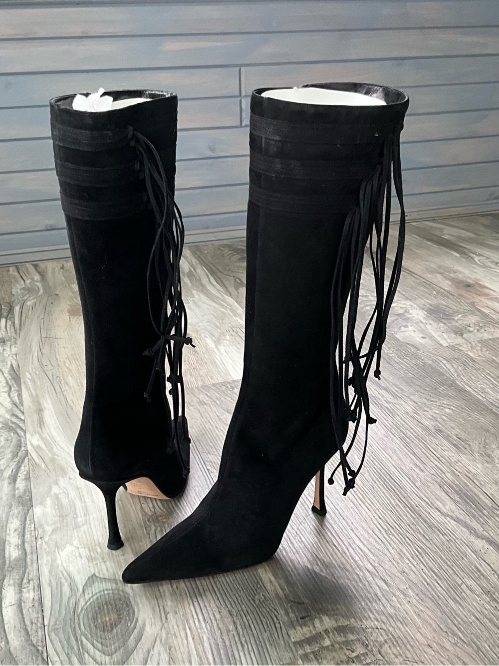 Never been worn. Jimmy Choo Black Suede Fringe Stiletto Knee Boots - Women